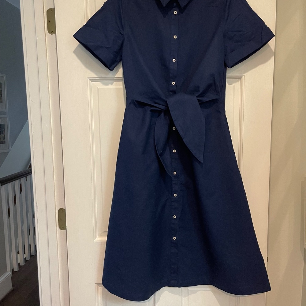 Vineyard Vines Women's Westerly Tie Front Button Up Linen Shirt Dress Navy